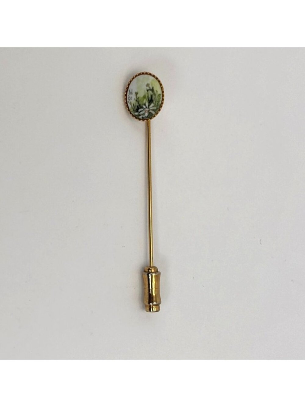 Vintage Gold Tone Victorian Style Micro Porcelain Mosaic Floral Oval Stick Pin